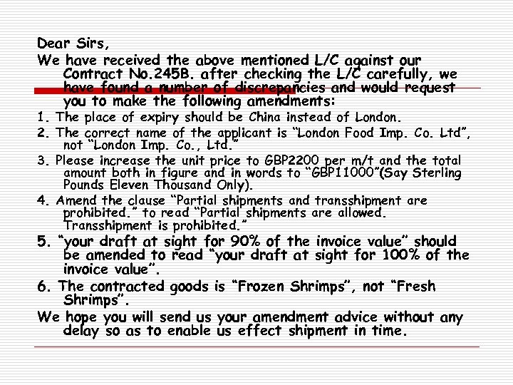 Dear Sirs, We have received the above mentioned L/C against our Contract No. 245