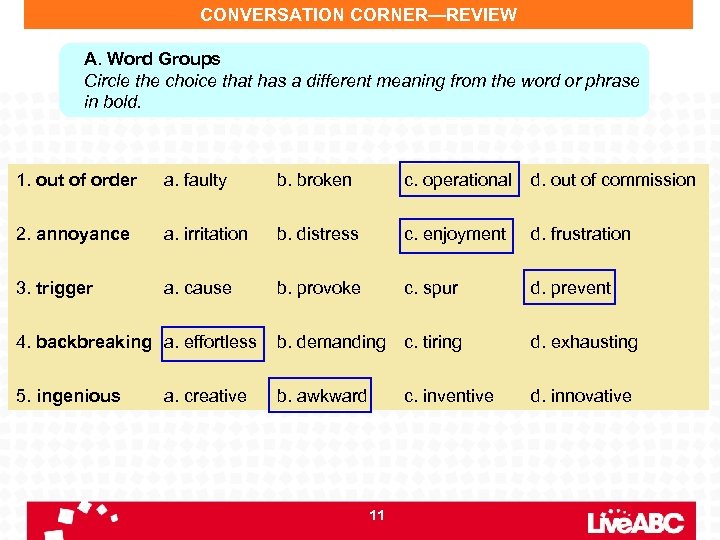 CONVERSATION CORNER—REVIEW A. Word Groups Circle the choice that has a different meaning from