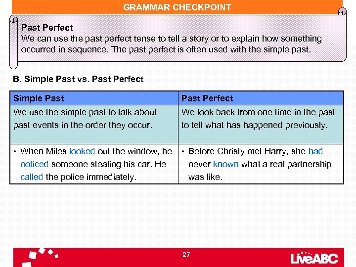 GRAMMAR CHECKPOINT Past Perfect We can use the past perfect tense to tell a