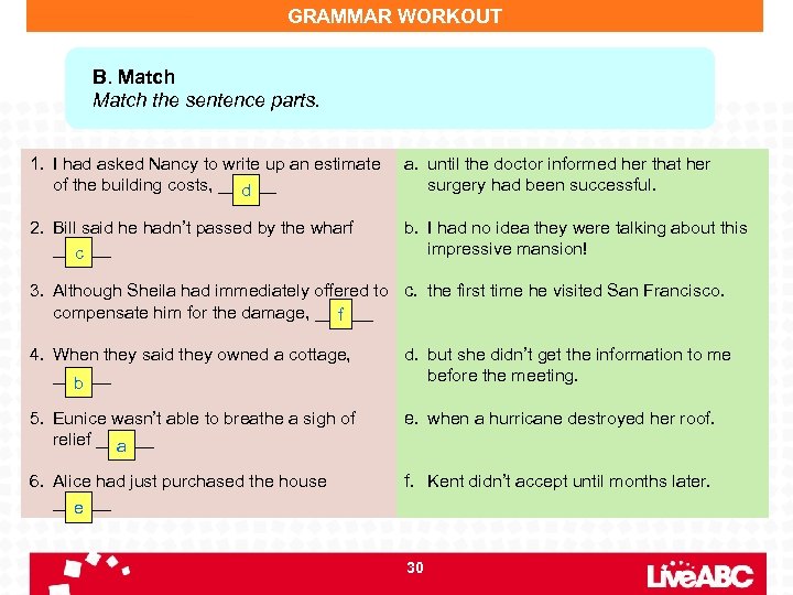 GRAMMAR WORKOUT B. Match the sentence parts. 1. I had asked Nancy to write