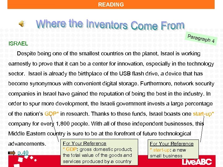 READING Parag raph 4 ISRAEL Despite being one of the smallest countries on the