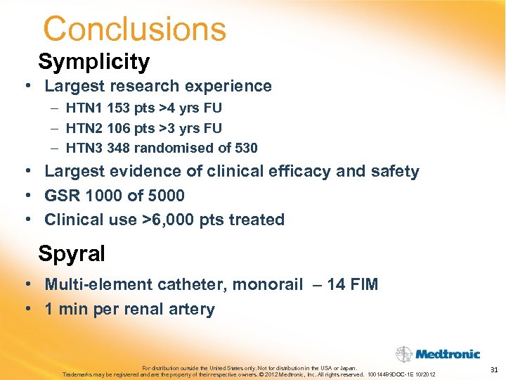 Conclusions Symplicity • Largest research experience – HTN 1 153 pts >4 yrs FU