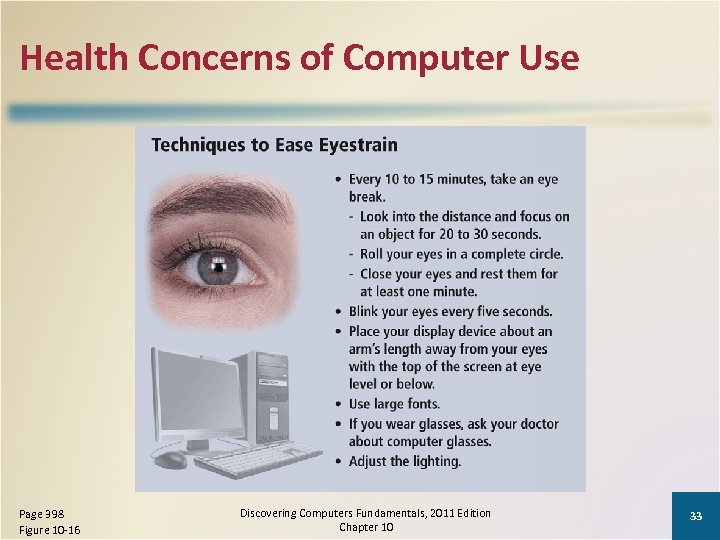 Health Concerns of Computer Use Page 398 Figure 10 -16 Discovering Computers Fundamentals, 2011