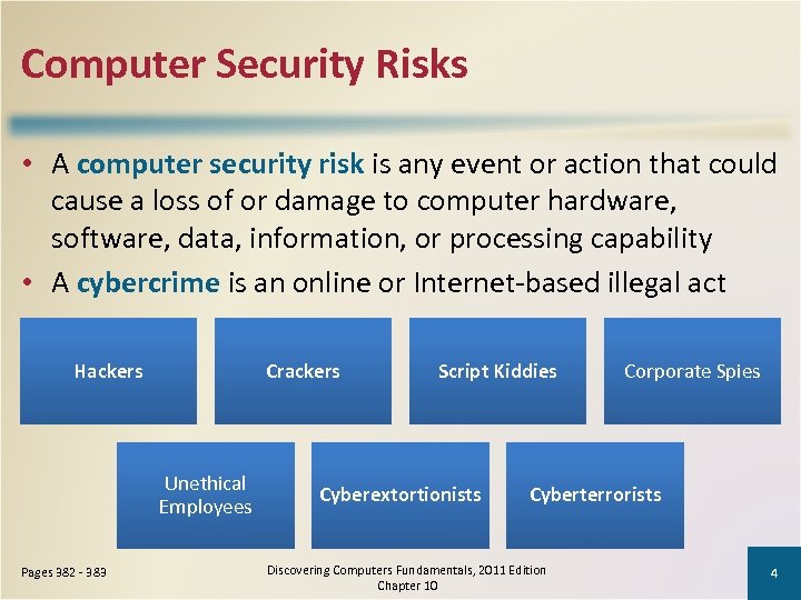 Computer Security Risks • A computer security risk is any event or action that