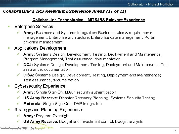 Collabra. Link Project Portfolio Collabra. Link’s IRS Relevant Experience Areas (II of II) Collabra.