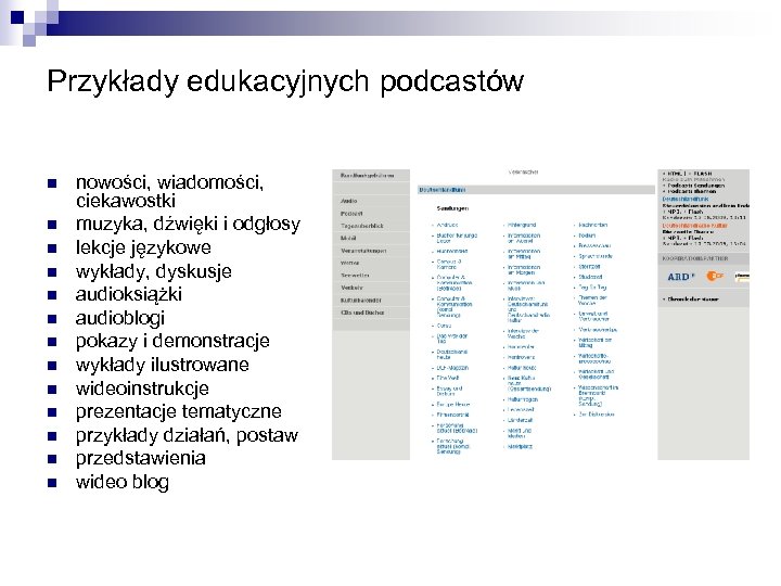 Przykłady edukacyjnych podcastów n n n nowości, wiadomości, ciekawostki muzyka, dźwięki i odgłosy lekcje