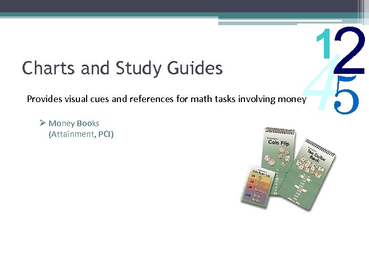 Charts and Study Guides 45 Provides visual cues and references for math tasks involving