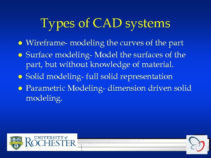 Types of CAD systems l l Wireframe- modeling the curves of the part Surface