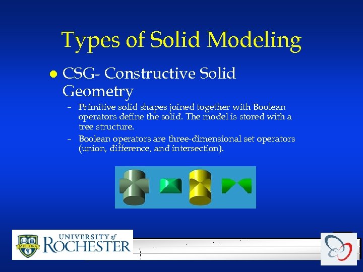 Types of Solid Modeling l CSG- Constructive Solid Geometry – Primitive solid shapes joined