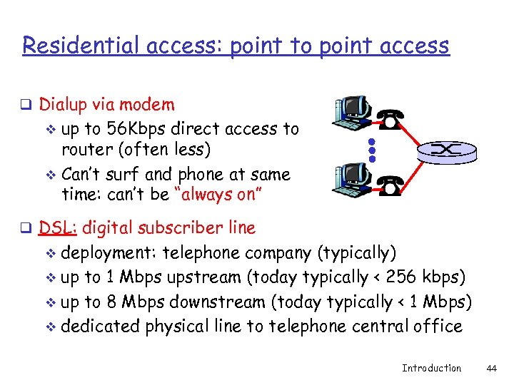 Residential access: point to point access q Dialup via modem up to 56 Kbps