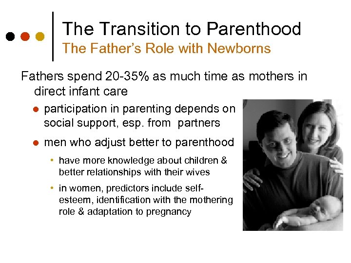 The Transition to Parenthood The Father’s Role with Newborns Fathers spend 20 -35% as