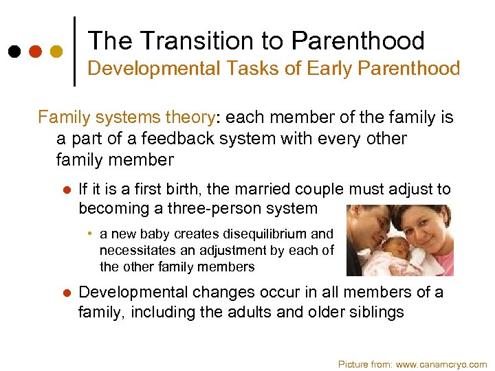 The Transition to Parenthood Developmental Tasks of Early Parenthood Family systems theory: each member