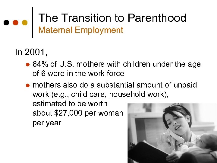 The Transition to Parenthood Maternal Employment In 2001, 64% of U. S. mothers with