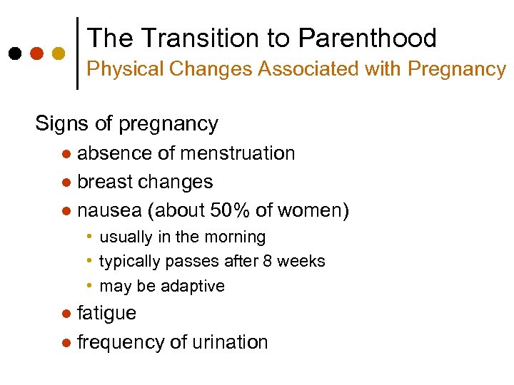 The Transition to Parenthood Physical Changes Associated with Pregnancy Signs of pregnancy absence of