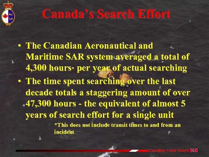 Canada’s Search Effort • The Canadian Aeronautical and Maritime SAR system averaged a total