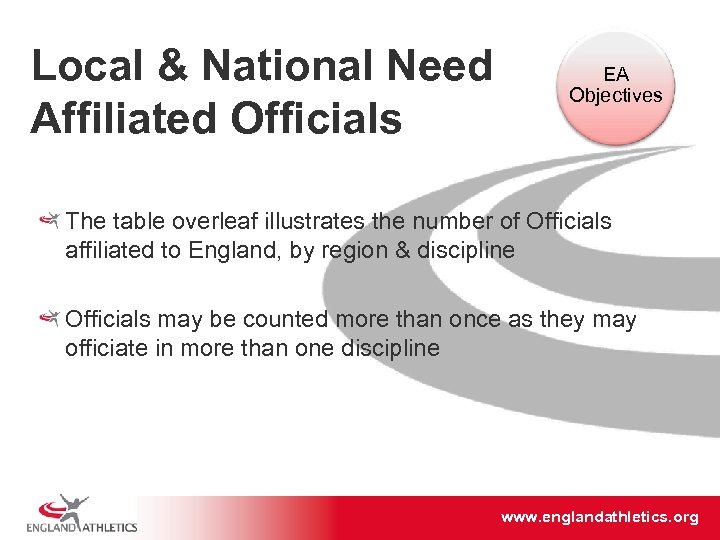 Local & National Need Affiliated Officials EA Objectives The table overleaf illustrates the number
