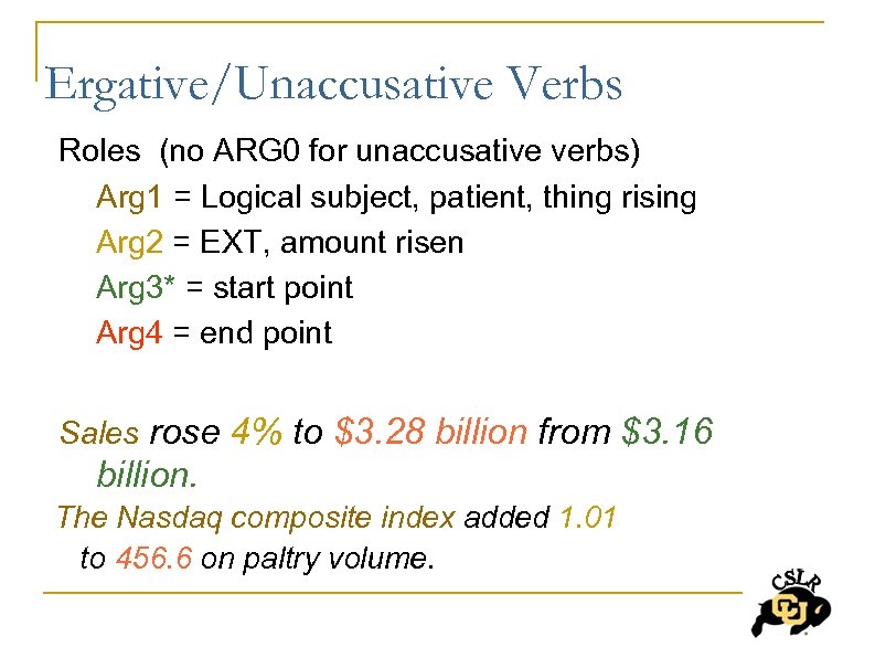 Ergative/Unaccusative Verbs Roles (no ARG 0 for unaccusative verbs) Arg 1 = Logical subject,