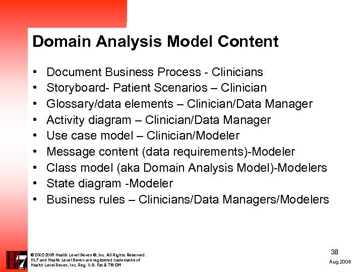 Domain Analysis Model Content • • • Document Business Process - Clinicians Storyboard- Patient