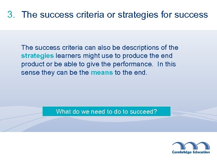 3. The success criteria or strategies for success The success criteria can also be