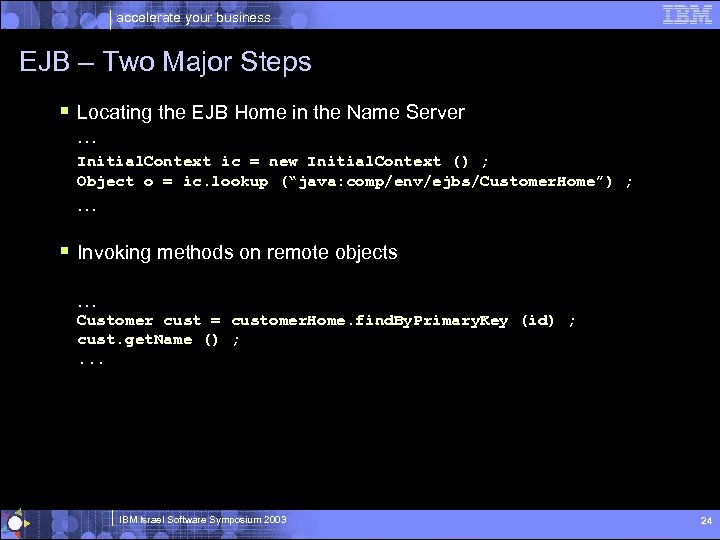 accelerate your business EJB – Two Major Steps § Locating the EJB Home in