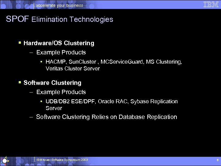 accelerate your business SPOF Elimination Technologies § Hardware/OS Clustering – Example Products • HACMP,