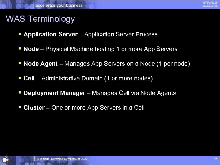 accelerate your business WAS Terminology § Application Server – Application Server Process § Node