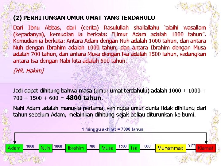 (2) PERHITUNGAN UMUR UMAT YANG TERDAHULU Dari Ibnu Abbas, dari (cerita) Rasulullah shallallahu ‘alaihi