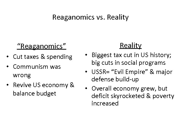 Reaganomics vs. Reality “Reaganomics” • Cut taxes & spending • Communism was wrong •