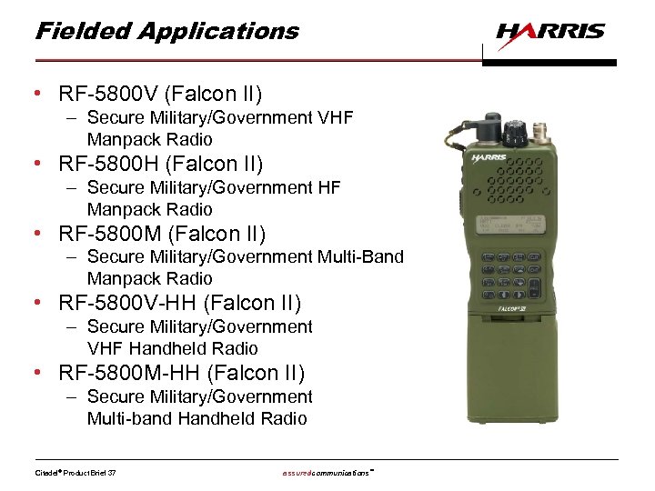 Fielded Applications • RF-5800 V (Falcon II) – Secure Military/Government VHF Manpack Radio •