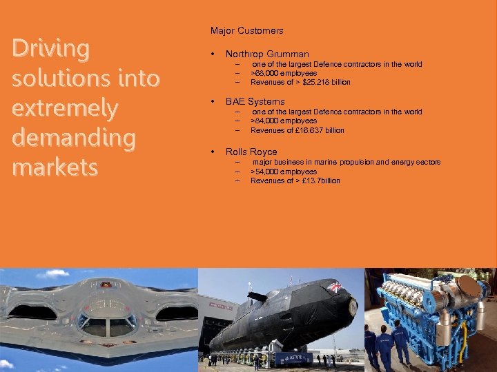 Driving solutions into extremely demanding markets Major Customers • Northrop Grumman – – –