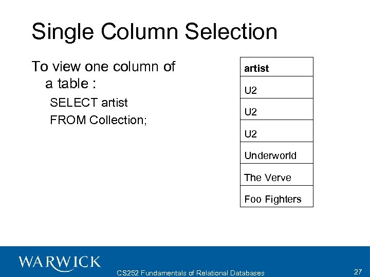 Single Column Selection To view one column of a table : SELECT artist FROM