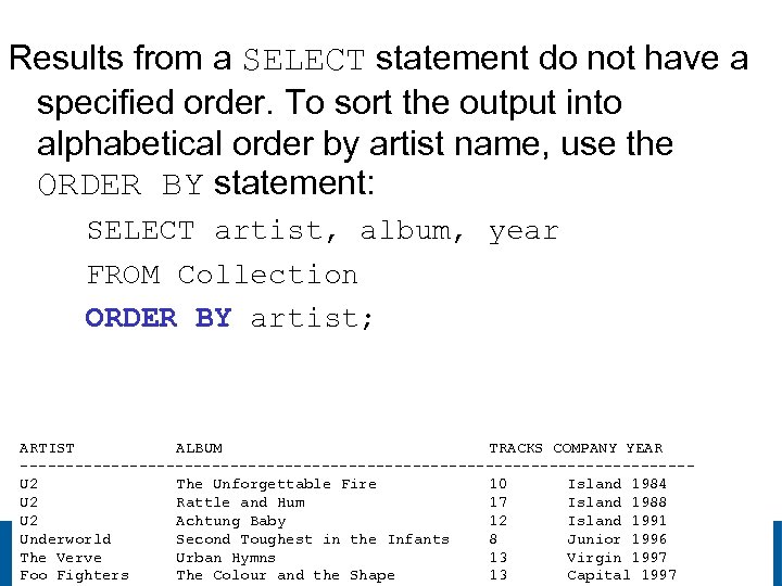 Results from a SELECT statement do not have a specified order. To sort the