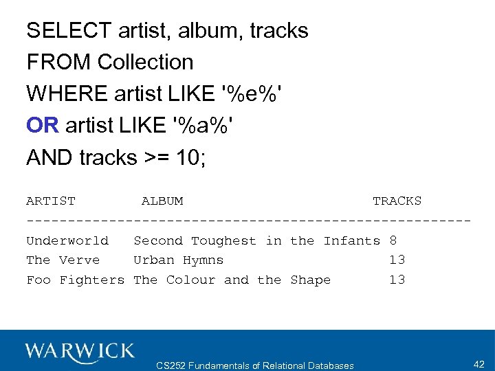 SELECT artist, album, tracks FROM Collection WHERE artist LIKE '%e%' OR artist LIKE '%a%'