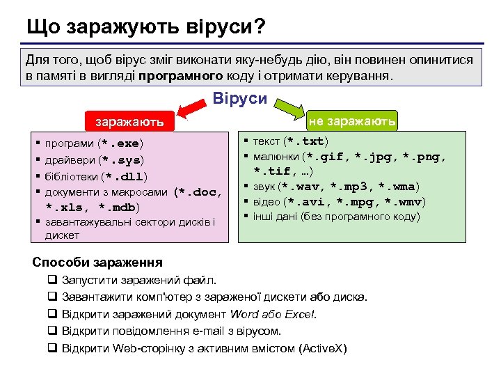 Що заражують віруси? Для того, щоб вірус зміг виконати яку-небудь дію, він повинен опинитися