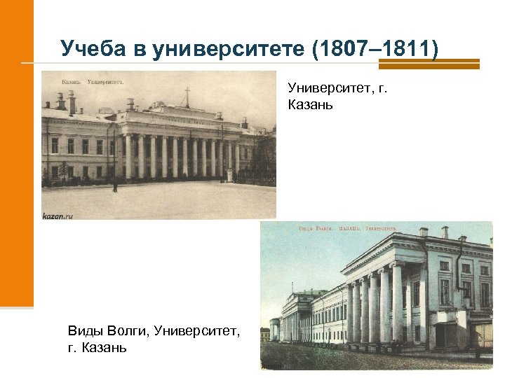Учеба в университете (1807– 1811) Университет, г. Казань Виды Волги, Университет, г. Казань 