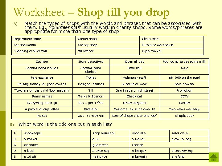 Worksheet – Shop till you drop A) Match the types of shops with the