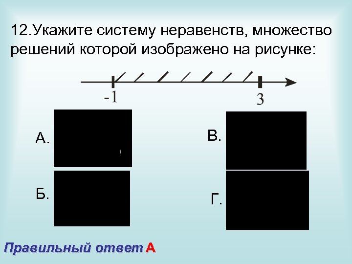 12. Укажите систему неравенств, множество решений которой изображено на рисунке: А. В. Б. Г.