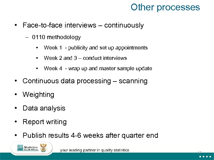 Other processes • Face-to-face interviews – continuously – 0110 methodology • Week 1 -