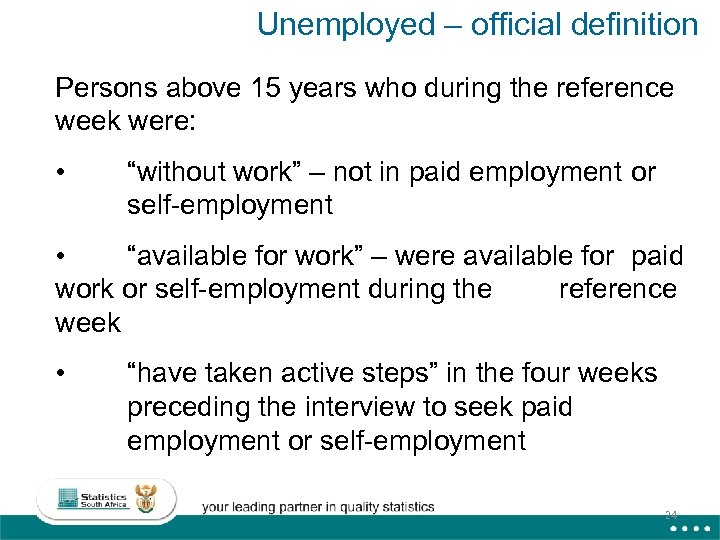 Unemployed – official definition Persons above 15 years who during the reference week were: