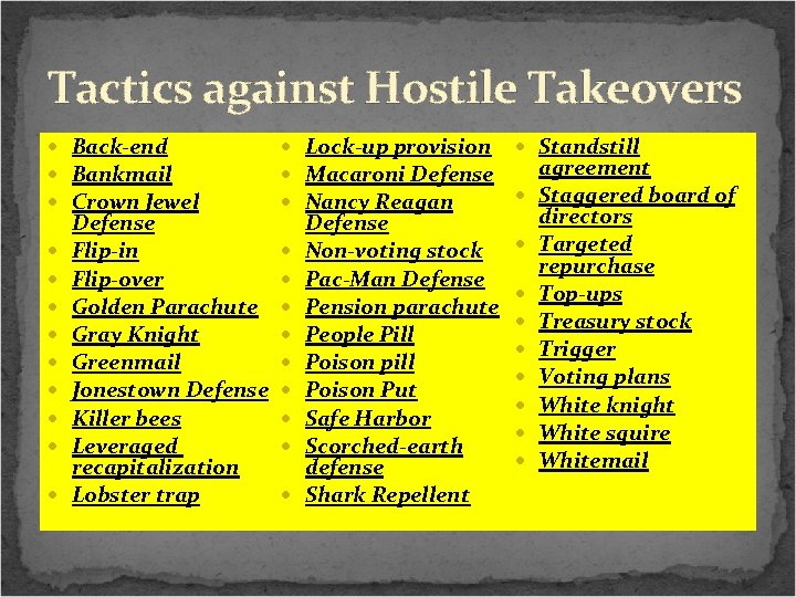 Tactics against Hostile Takeovers Back-end Bankmail Crown Jewel Lock-up provision Macaroni Defense Nancy Reagan