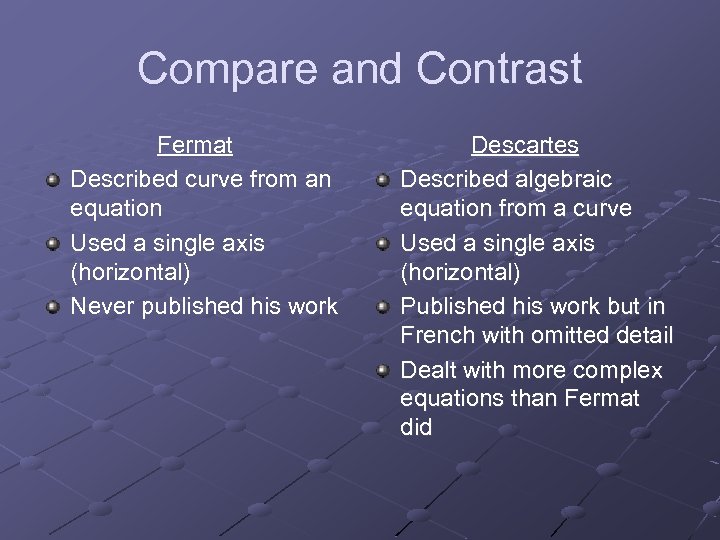 Compare and Contrast Fermat Described curve from an equation Used a single axis (horizontal)