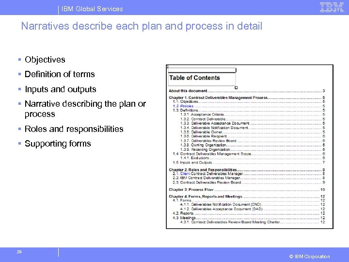 IBM Global Services Narratives describe each plan and process in detail § Objectives §
