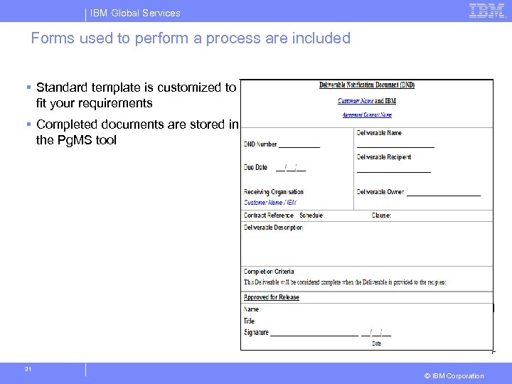 IBM Global Services Forms used to perform a process are included § Standard template