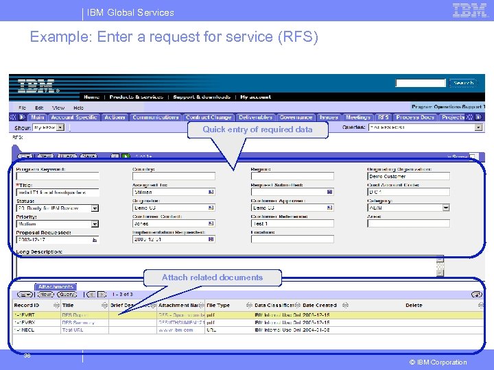 IBM Global Services Example: Enter a request for service (RFS) § IBM and client