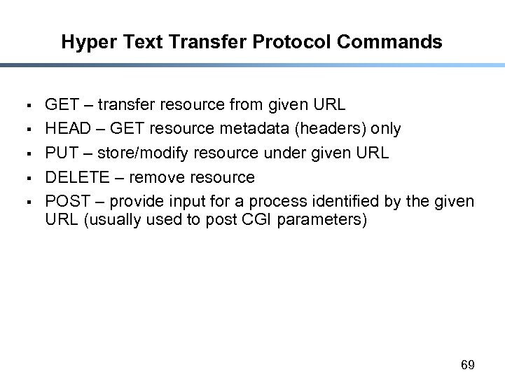 Hyper Text Transfer Protocol Commands § § § GET – transfer resource from given