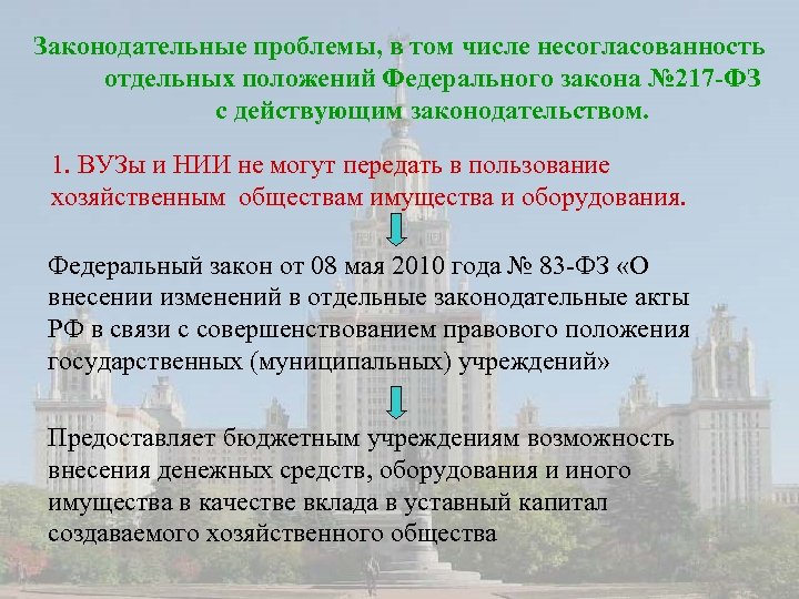 Законодательные проблемы, в том числе несогласованность отдельных положений Федерального закона № 217 -ФЗ с