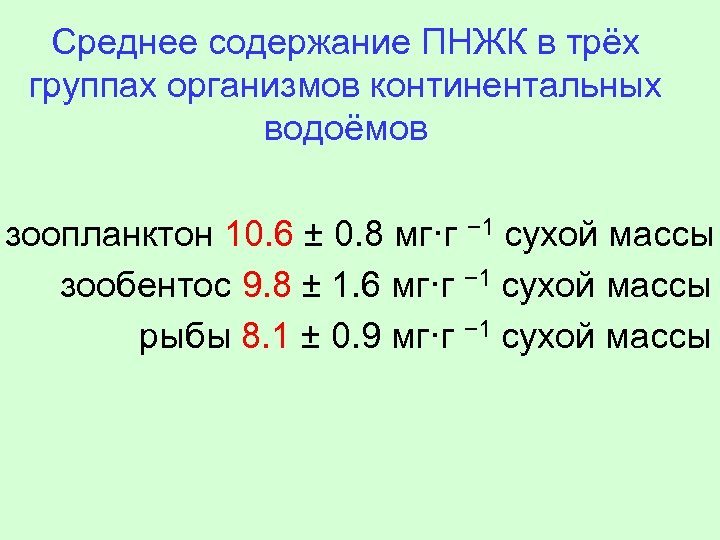 Среднее содержание ПНЖК в трёх группах организмов континентальных водоёмов зоопланктон 10. 6 ± 0.