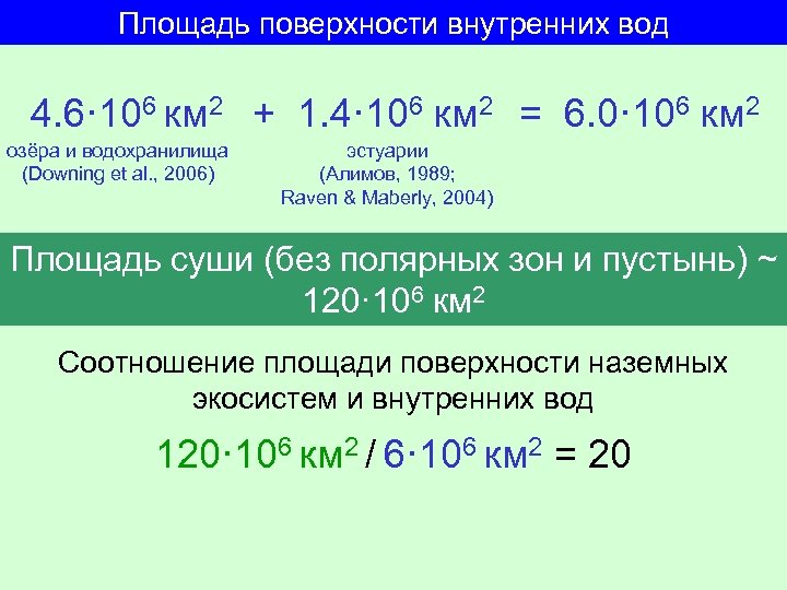 Площадь поверхности внутренних вод 4. 6· 106 км 2 + 1. 4· 106 км