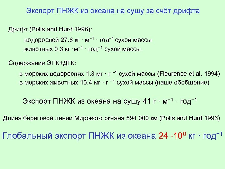 Экспорт ПНЖК из океана на сушу за счёт дрифта Дрифт (Polis and Hurd 1996):