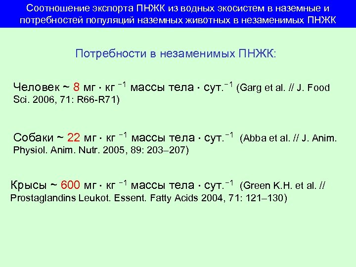 Соотношение экспорта ПНЖК из водных экосистем в наземные и потребностей популяций наземных животных в